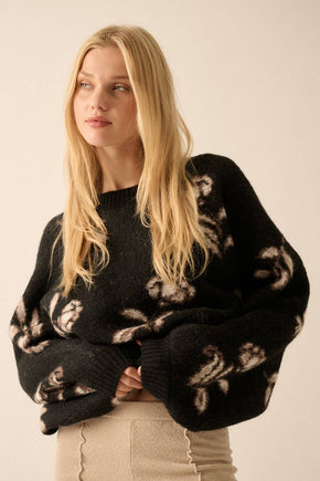 Black Floral Knit Dolman-Sleeve Sweater