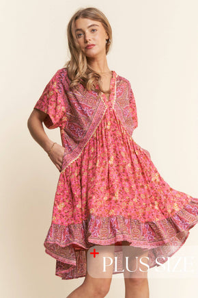 Floral Multi Print Tiered Tunic V Neck Dress