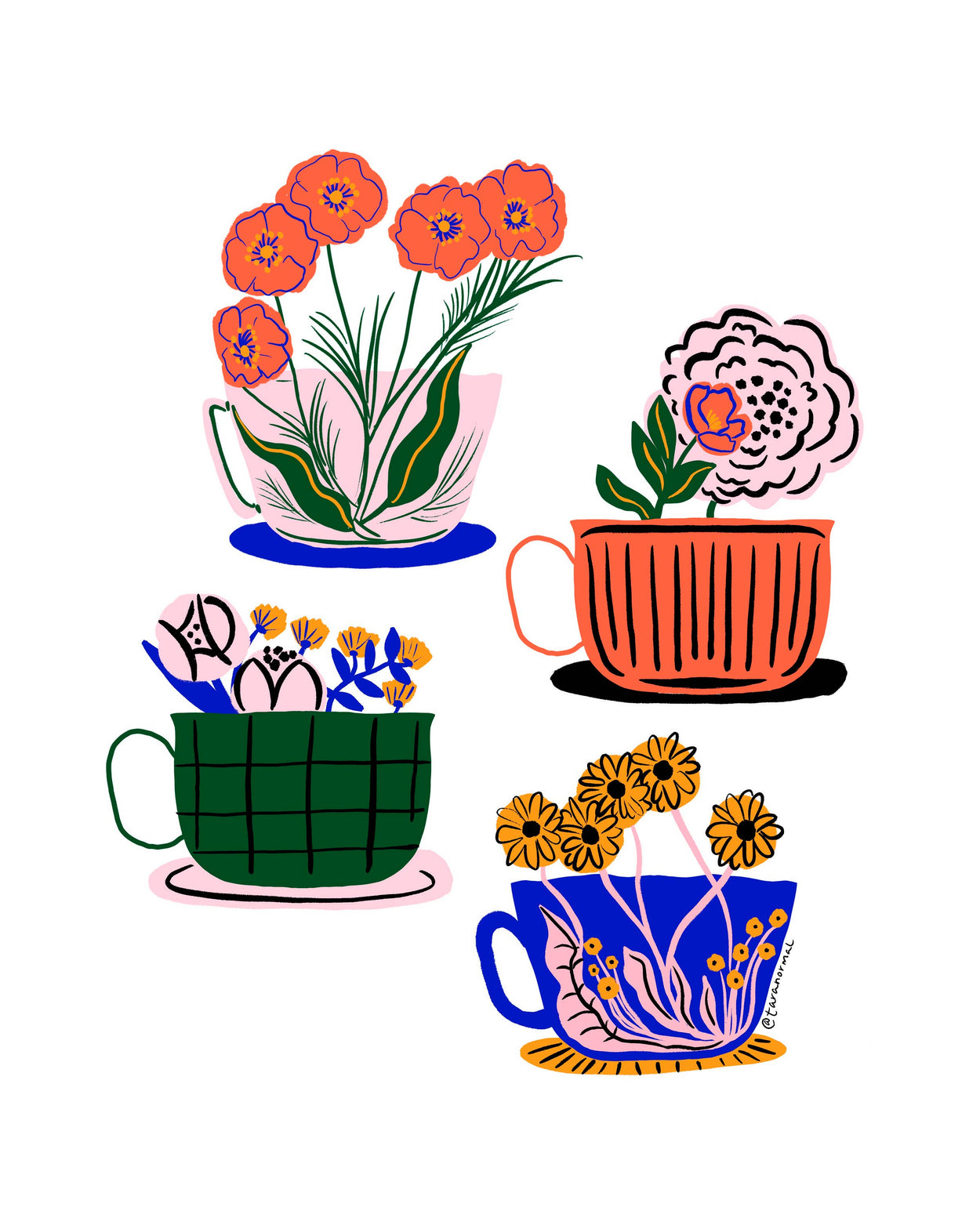 Floral Tea Cups 8" x 10" Art Print