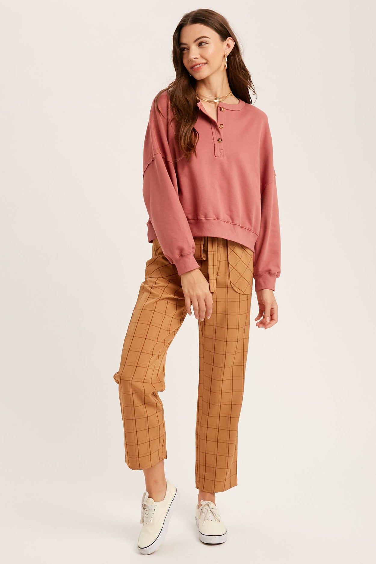 Deep Rose Henley Button Soft Knit Top