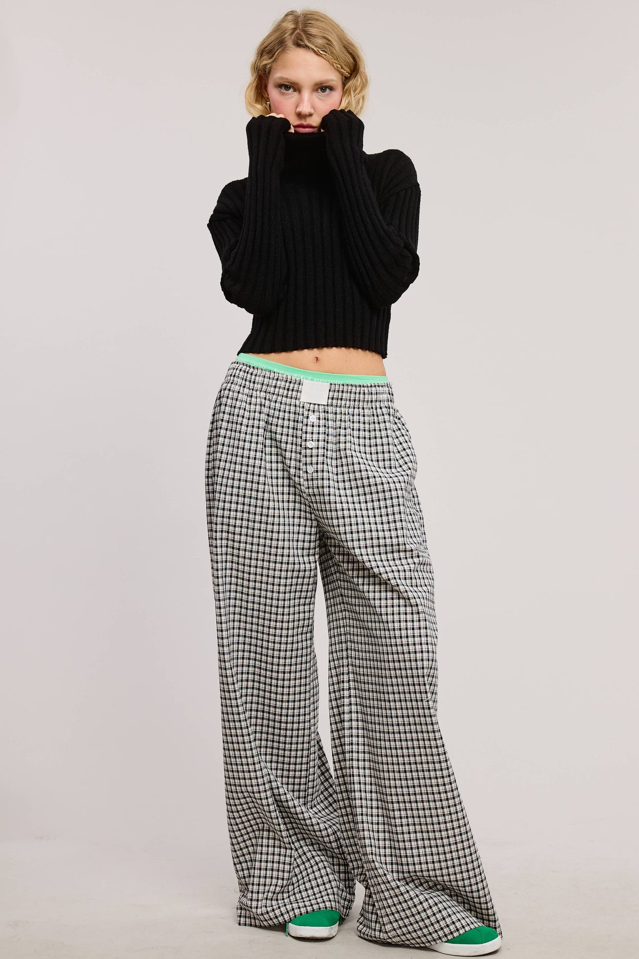 Blue Mid-Low Rise Elastic Waistband Gingham Pants
