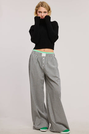 Blue Mid-Low Rise Elastic Waistband Gingham Pants