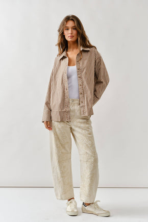Beige Embroidered Cotton Pants