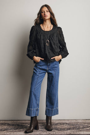 Black Embroidered Lace Puff Sleeve Blouse