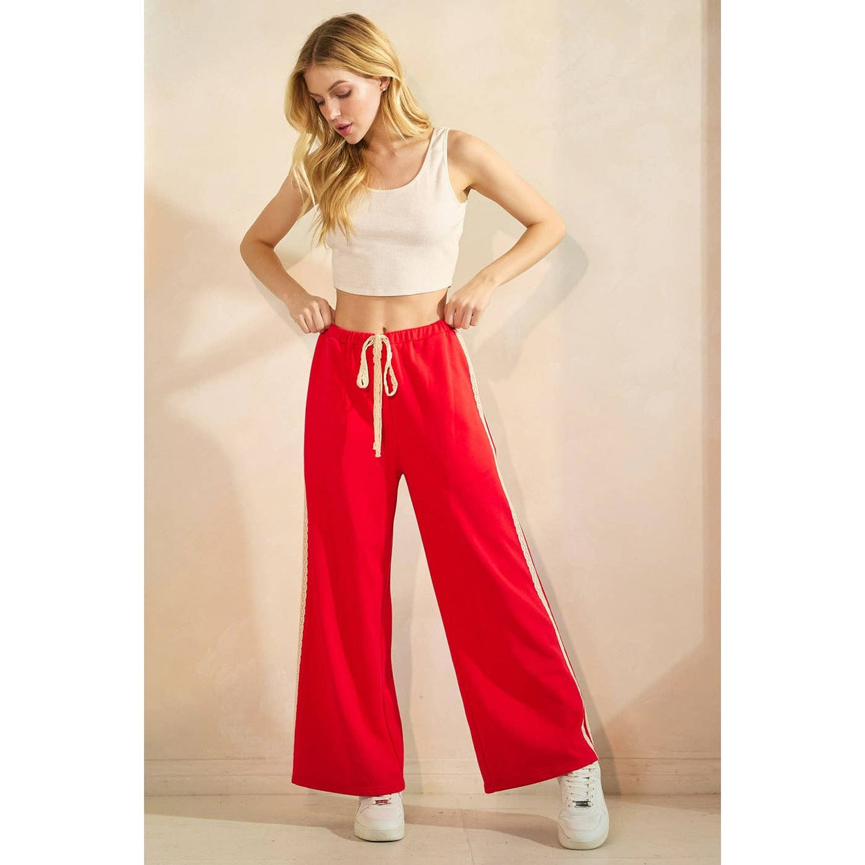 Red Lace Striped Elastic Waist Terry Sweatpants