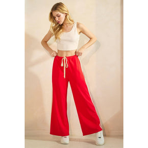 Red Lace Striped Elastic Waist Terry Sweatpants