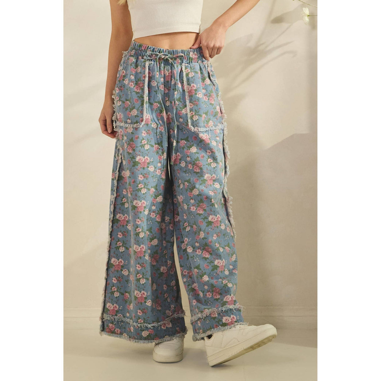 Light Denim Boho Floral Garden Denim Pants