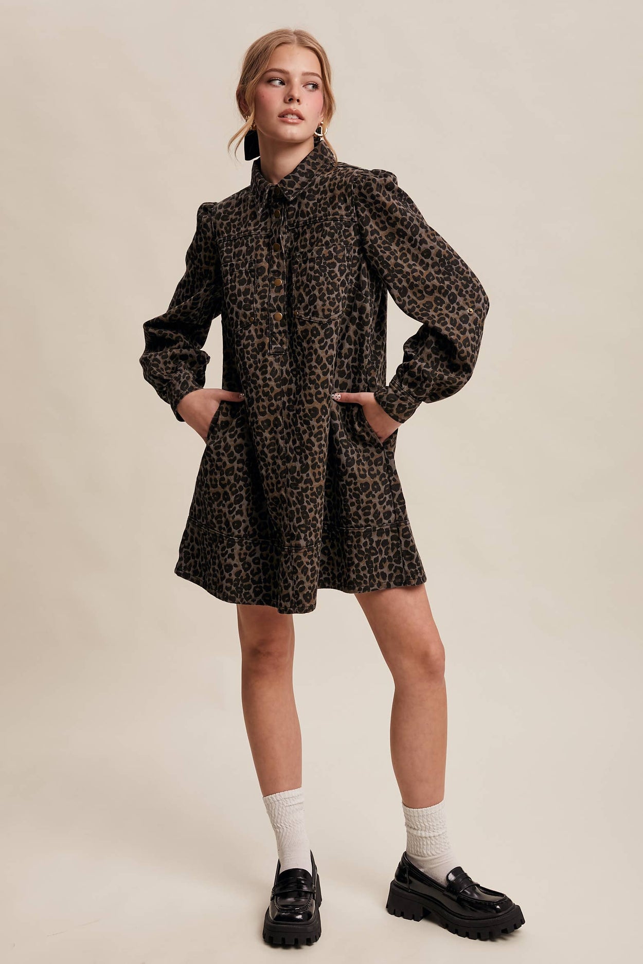 Charcoal Leopard Denim Shirt Dress