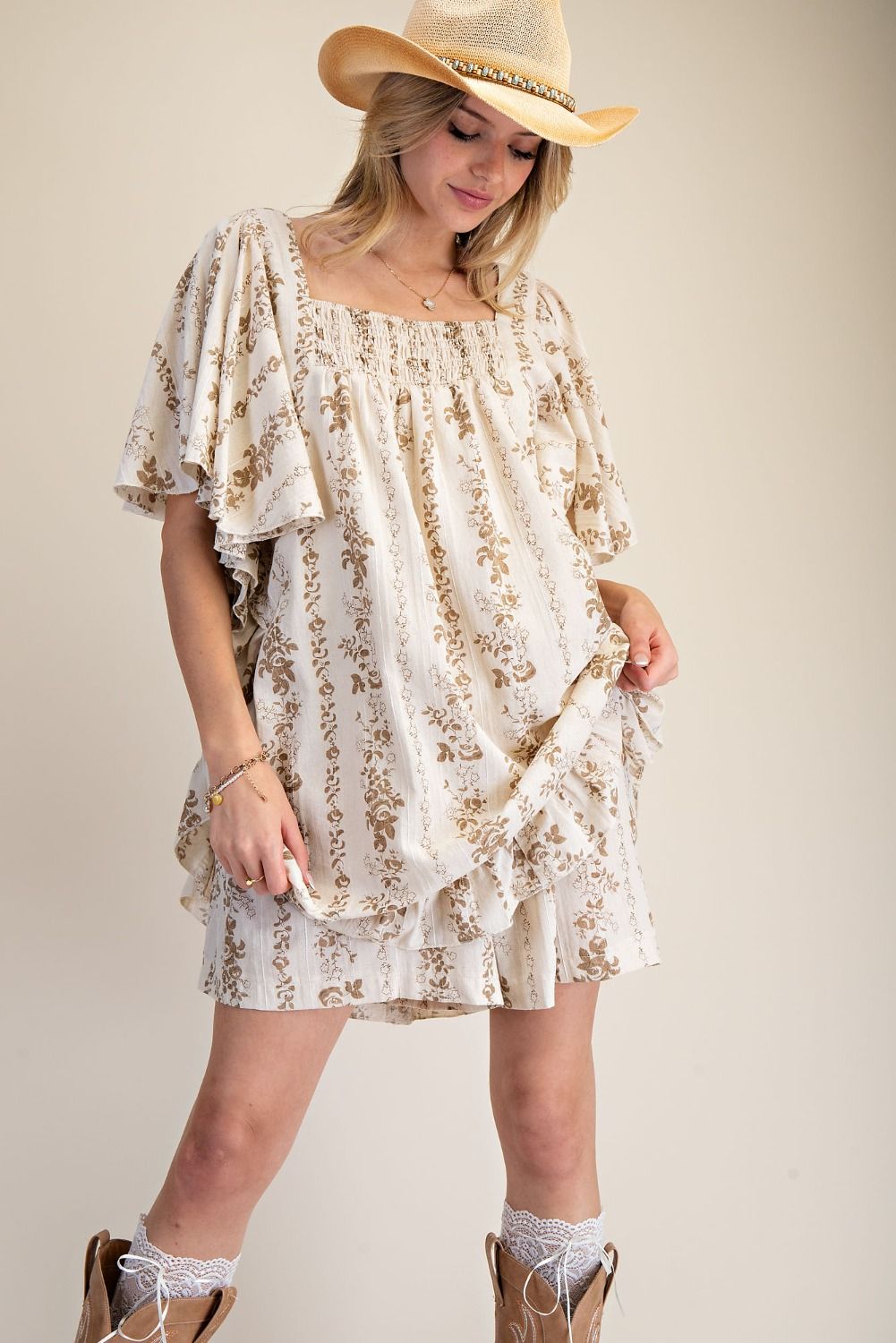 Oatmeal Printed Cotton Romper