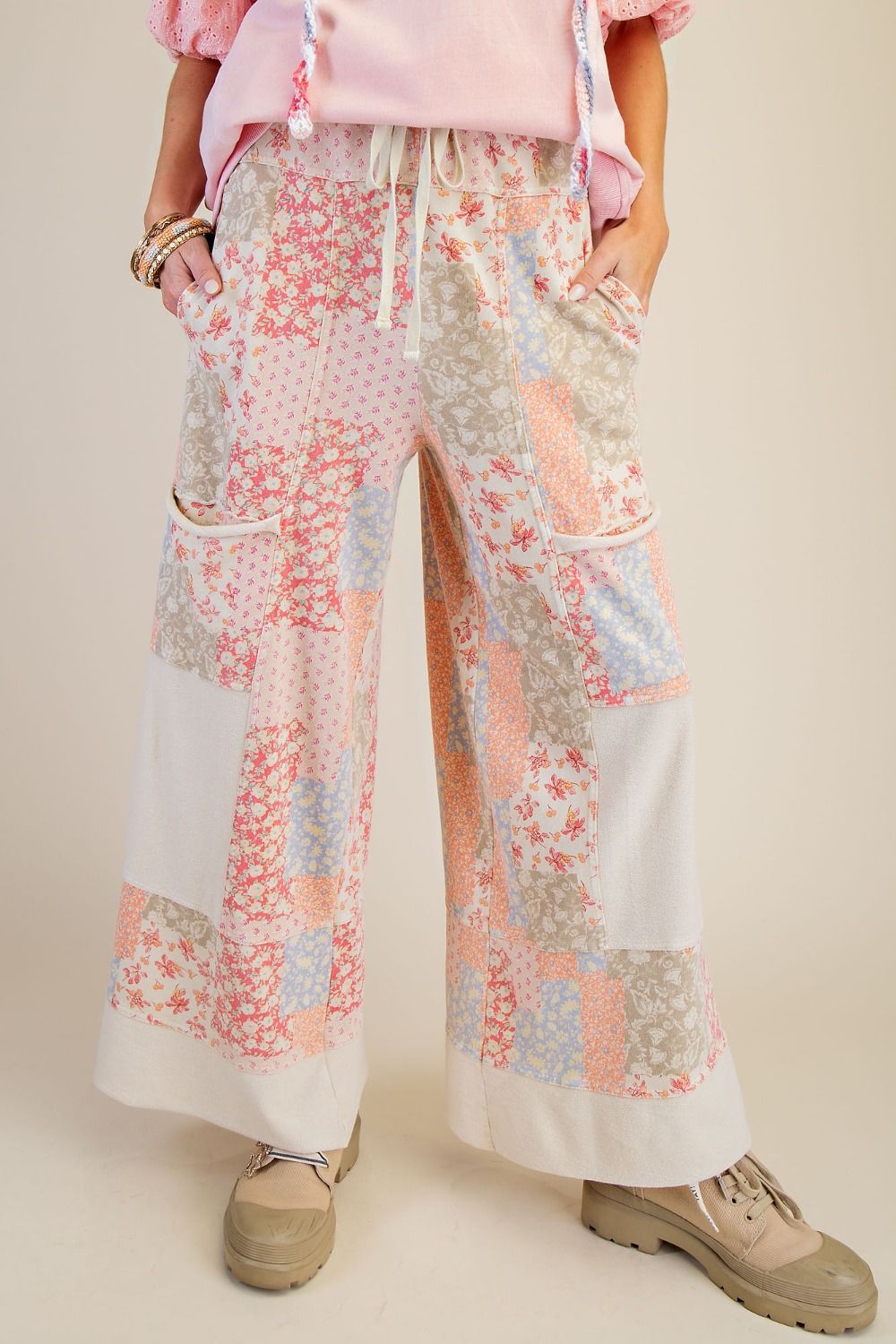 Plus Patchwork Print Mineral Washed Terry Pants