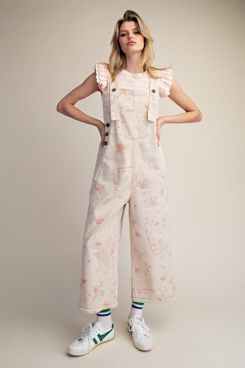 Light Khaki Floral Printed Twill Overalls