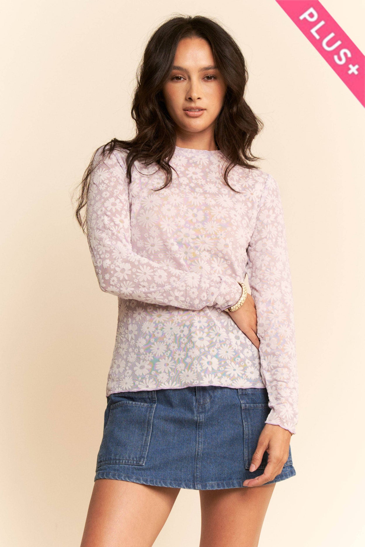 Plus Lavender Long Sleeve Floral Mesh Top