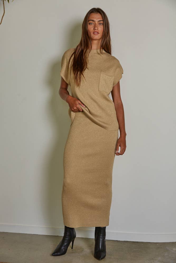 Gold Glitter Ribbed Knit Top