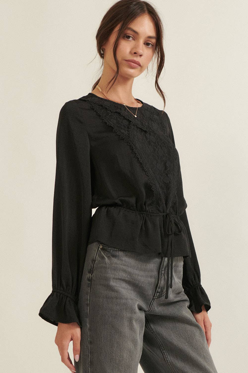 Black Lace Flared Hem Blouse