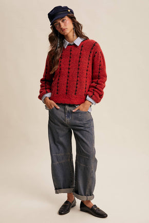 Green Textured Jacquard Knit Crew Sweater