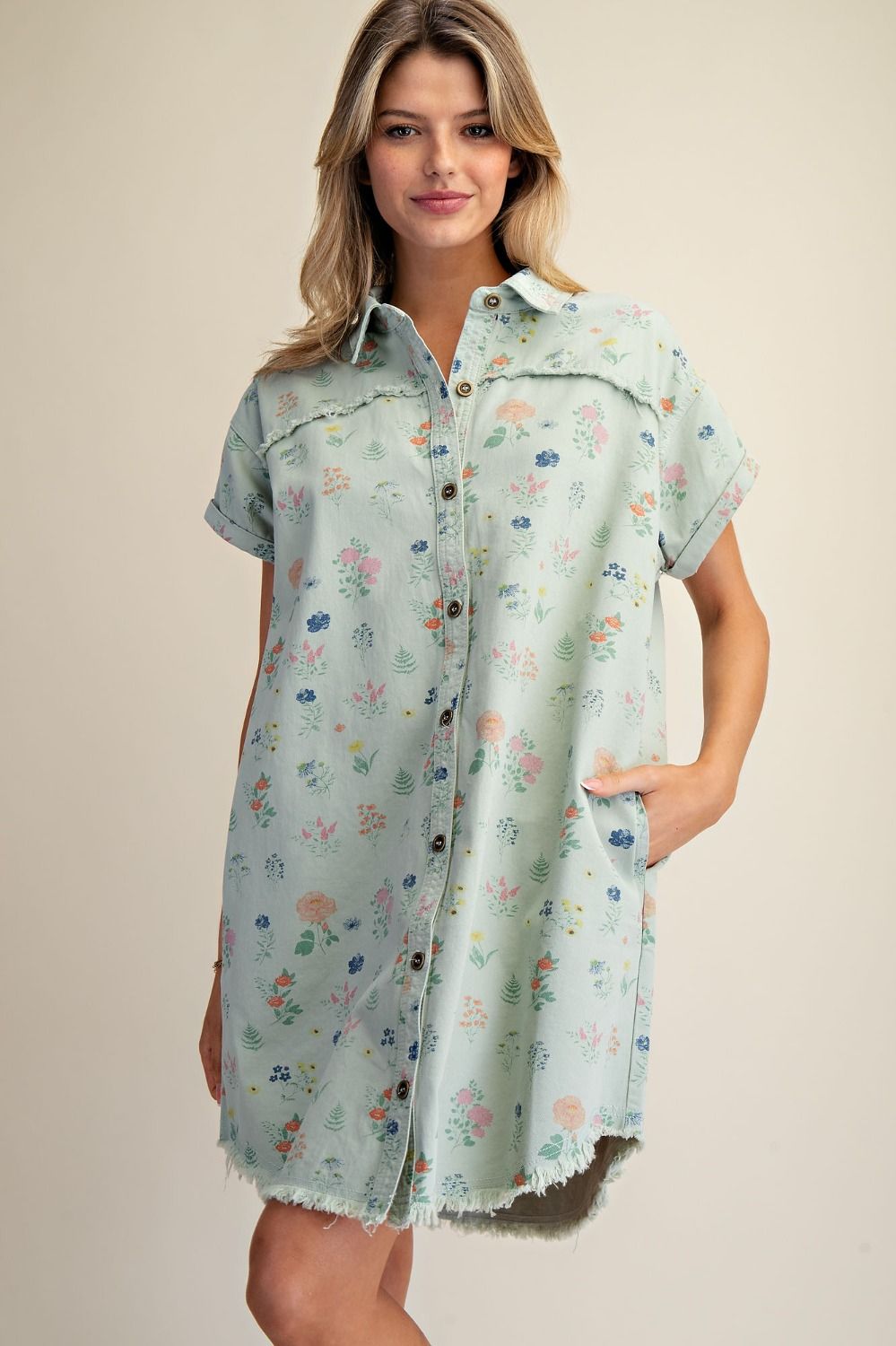 Sage Button Down Washed Denim Shirt Dress