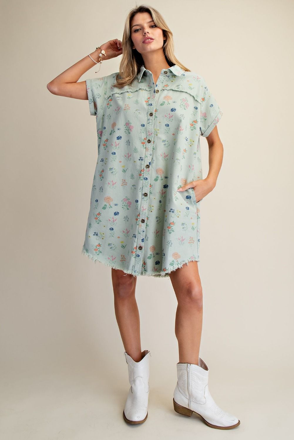 Sage Button Down Washed Denim Shirt Dress