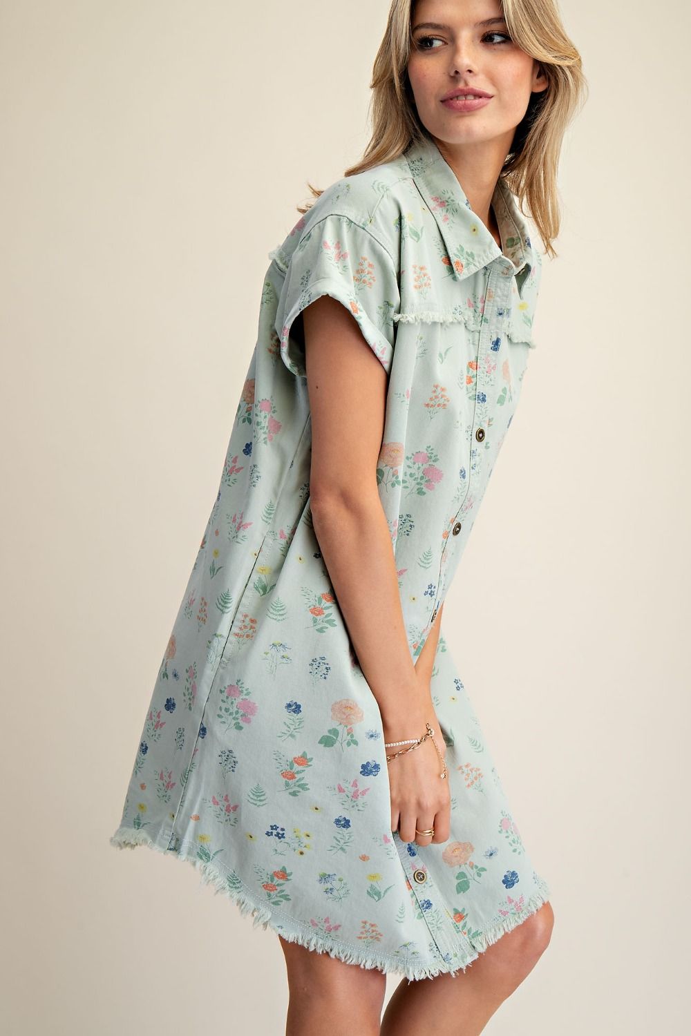 Sage Button Down Washed Denim Shirt Dress