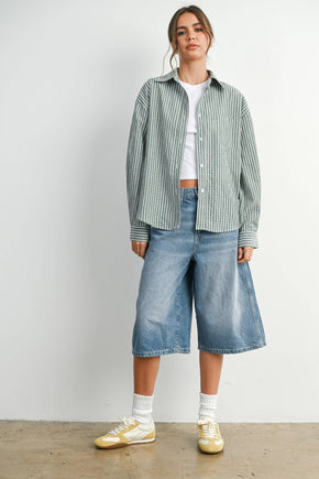 Green Striped Button-Up Top