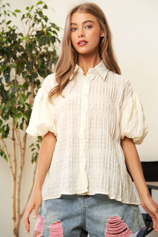 Plus Off White Button Down Puff Sleeve Shirt