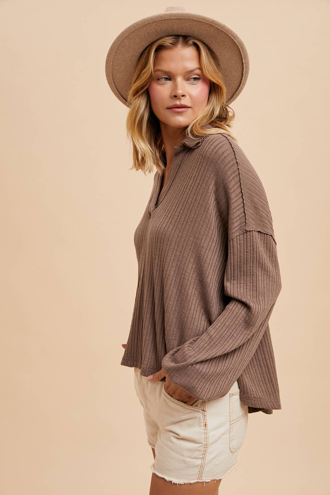Dark Taupe Quarter Split Ribbed Polo Top