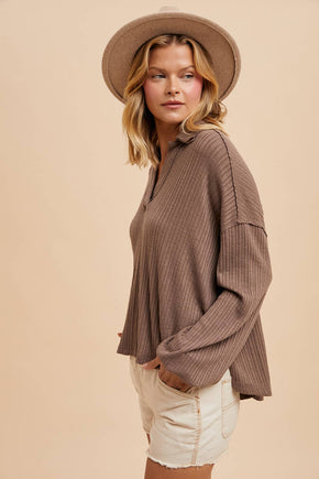 Dark Taupe Quarter Split Ribbed Polo Top