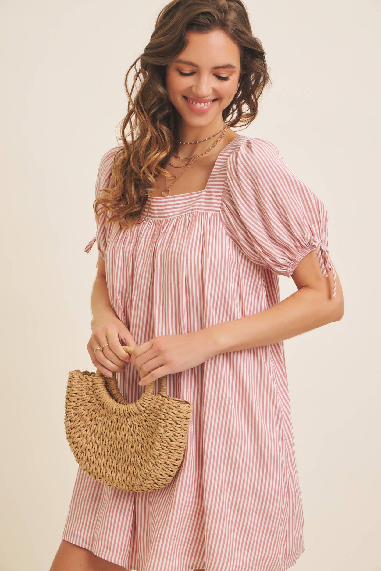 Red Stripe Puff Sleeve Mini Dress