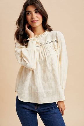 Buttercream Ruffled Gauze Blouse With Lace Insets