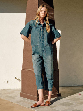 Light Wash Denim Collared Jumpsuit