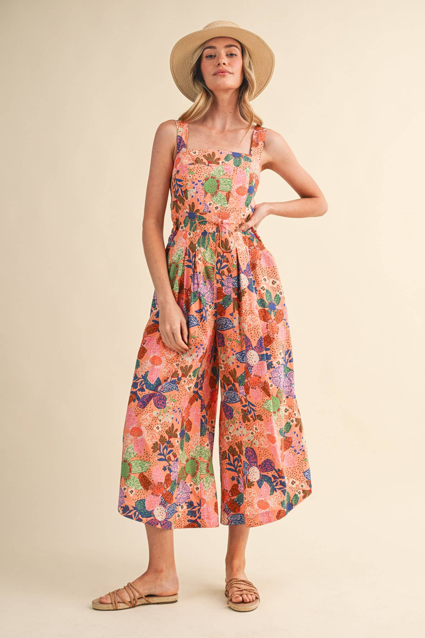 Coral Floral Pleated Wide Leg Jumpsuit