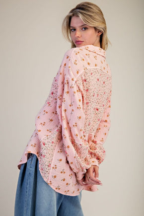 Plus Faded Coral Floral Cotton Gauze Shirt