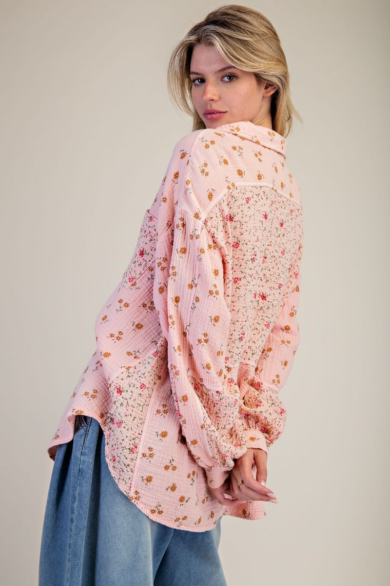 Plus Faded Coral Floral Cotton Gauze Shirt