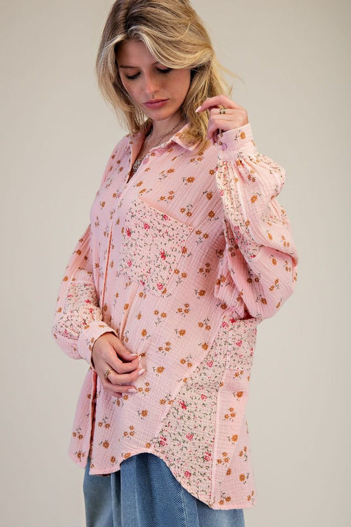 Plus Faded Coral Floral Cotton Gauze Shirt