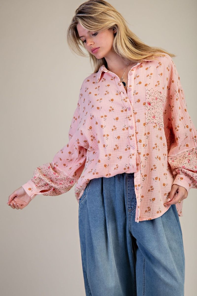 Faded Coral Floral Cotton Gauze Shirt