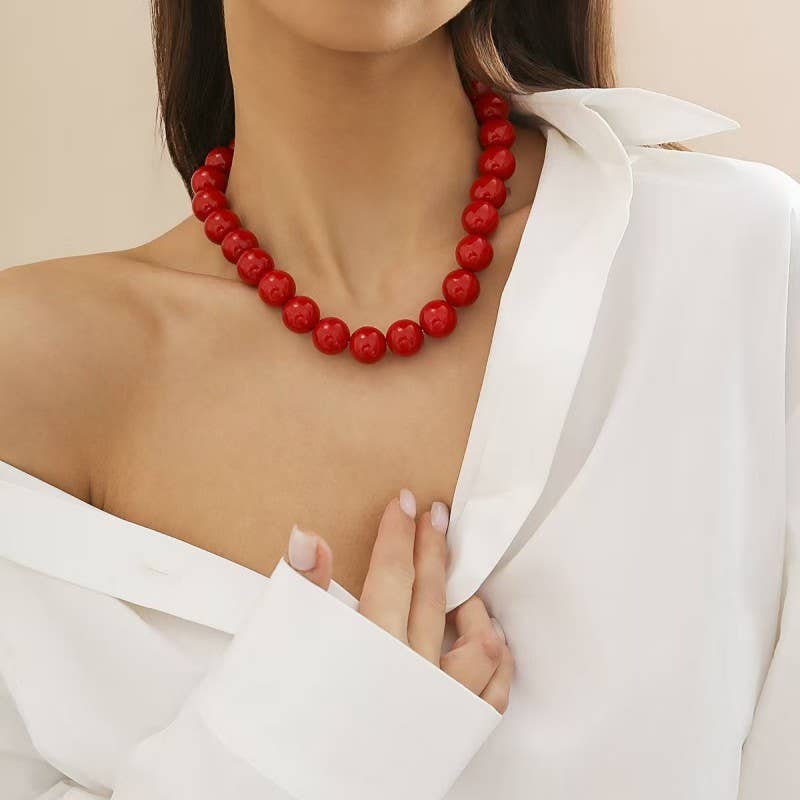 Red Boho Chunky Colorful Beaded Statement Necklace