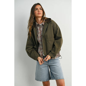 Olive Collared Zip-Up Drawstring Jacket