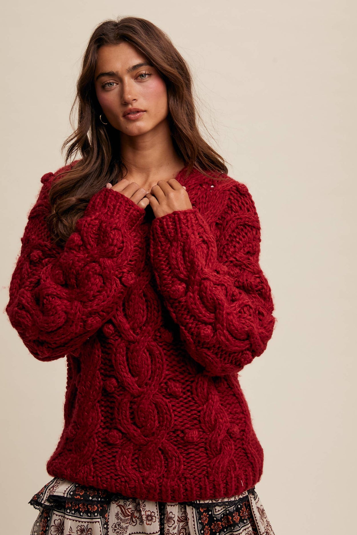 Red Chunky Cable Knit Sweater