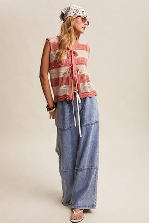 Coral Red Striped Crochet Tie-Front Knit Vest