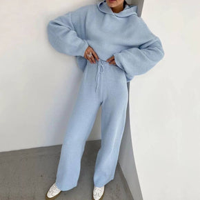 Blue Solid Color Sweater Set