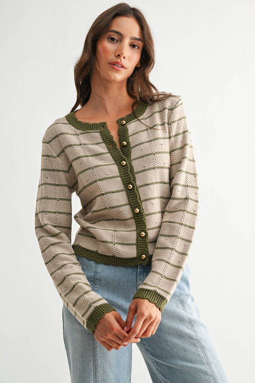 Taupe & Olive Trim Button-Up Cardigan