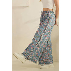 Light Denim Boho Floral Garden Denim Pants