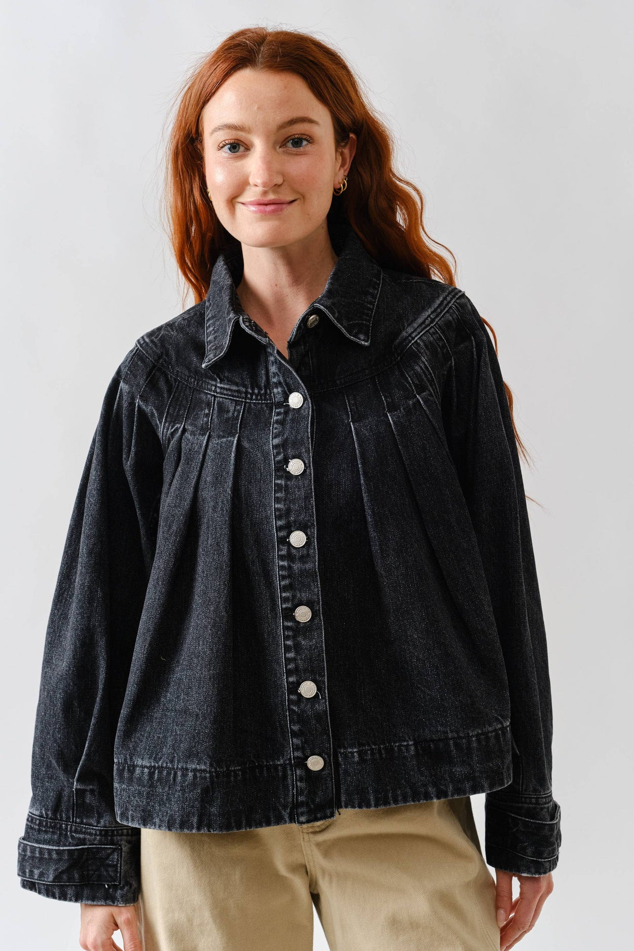 Washed Black Pleated Denim Jacket