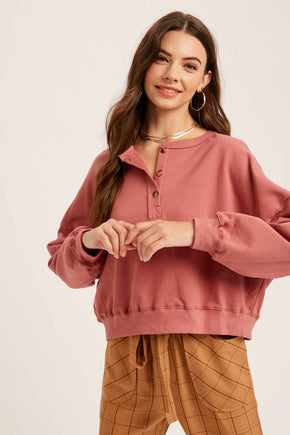 Deep Rose Henley Button Soft Knit Top