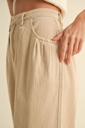 Beige Loose Fit Pleated Cotton Pants