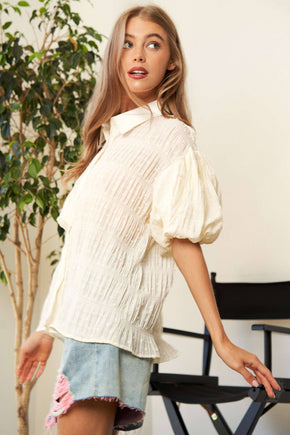 Plus Off White Button Down Puff Sleeve Shirt