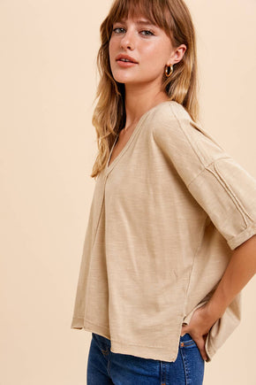 Beige Garment Washed Short V-Neck Tee
