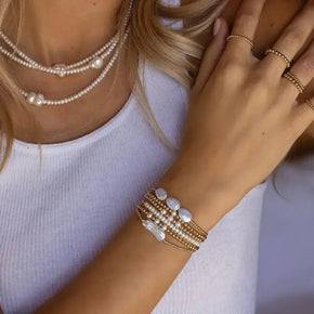 Three Large Pearls and Gold Beaded Bracelet