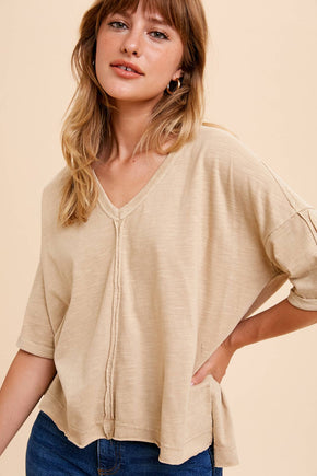 Beige Garment Washed Short V-Neck Tee