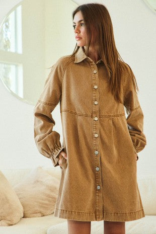 Camel Washed Denim Long Sleeve Dress