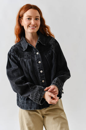 Washed Black Pleated Denim Jacket